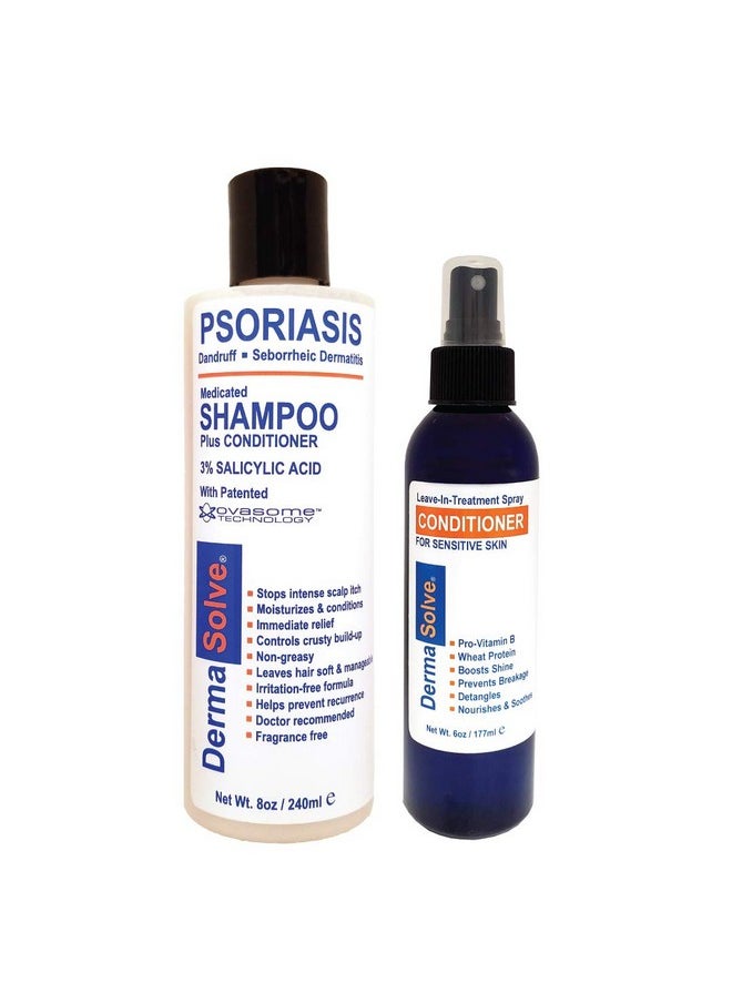 Dermasolve Psoriasis Shampoo And Leave-In Styling Spray Conditioner (Combo Pack) | Detangler For Sensitive Skin, Soothing Anti Dandruff, De-Flake, Dry Scalp Treatment For Seborrheic Dermatitis & Damaged Hair  - Image 1