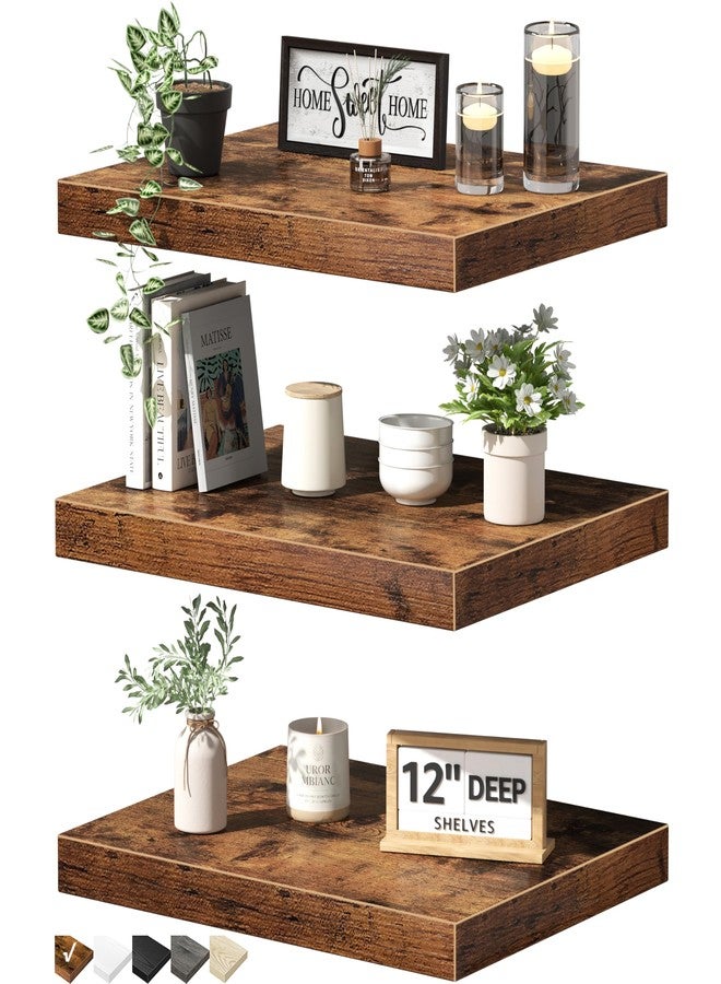 QEEIG رفوف عائمة للجدار بعمق 12 بوصة من QEEIG - رفوف كتب معلقة مقاس 12 × 16 بوصة للحمام وغرفة النوم والمطبخ وغرفة المعيشة، طقم من 3 قطع، بني (026-40BN3) - Image 1