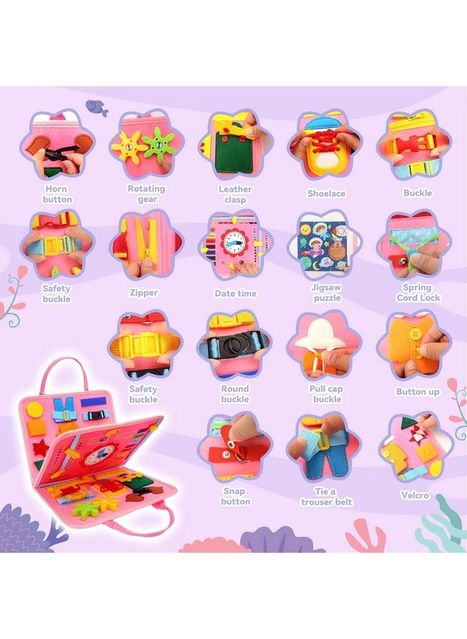KolorFish - KolorFish Busy Board for Toddlers,Montessori Toys for Boys Girls 1 2 3 Year Old,Early Educational Activity Baby Sensory Toy,Autism Busy Book Travel Toys for Kids 3 4 5 6 7 Year Old (Underwater Pink) - Image 1
