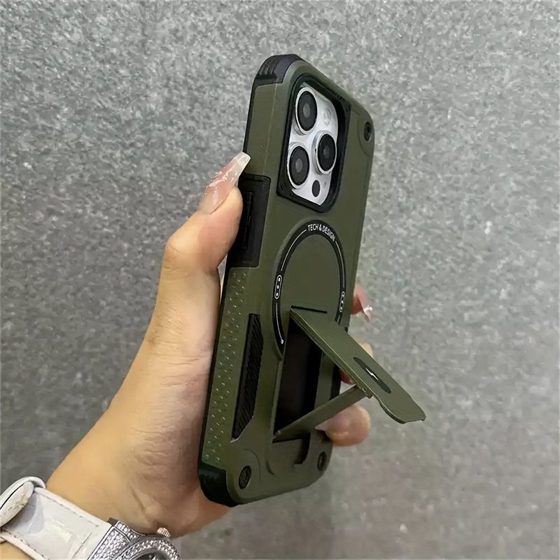 Heavy Duty Mechanical Armor Style Protective Case Grey For iPhone 13 Pro Magnetic Adsorption Anti Slip Design Hidden Stand Full Coverage - Image 1