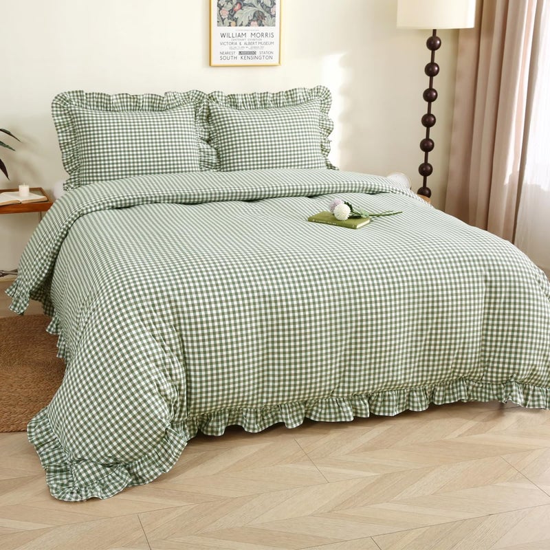 Silnuo Sage Green/White Plaid Ruffle Duvet Cover Queen Size,100% Washed Cotton 3 Pcs Vintage Checkered Chic Gingham Farmhouse Bedding Set Comforter Cover Set - Image 2