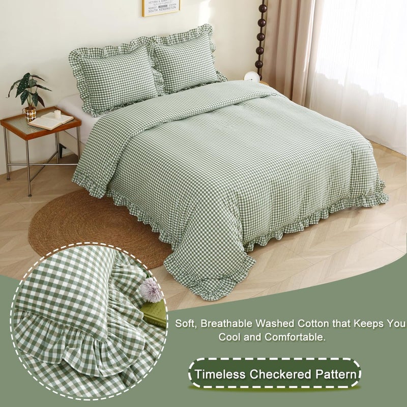 Silnuo Sage Green/White Plaid Ruffle Duvet Cover Queen Size,100% Washed Cotton 3 Pcs Vintage Checkered Chic Gingham Farmhouse Bedding Set Comforter Cover Set - Image 3
