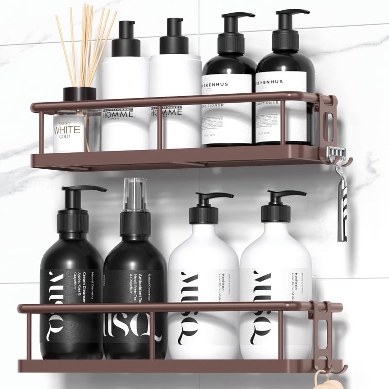 YASONIC Shower Caddy Adhesive, No Drill Bathroom Shower Organizers, with Removable Hooks, Rust Proof Shower Shelves, Wall-Mounted Shower Holder, 2 Pack Bronze - Image 1