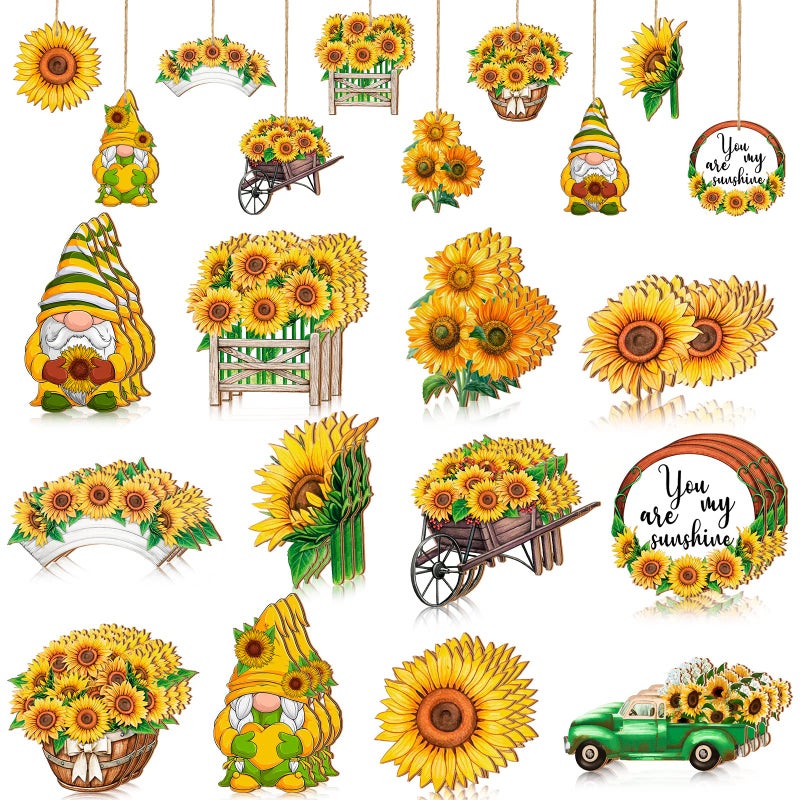 Chunful Chunful 24 Pcs Sunflower Gnome Wooden Tree Ornament Yellow Flower Gnome Hanging Wooden Pendant Summer Ornaments with Rope for Sunflower Theme Birthday Party Favor Supplies 