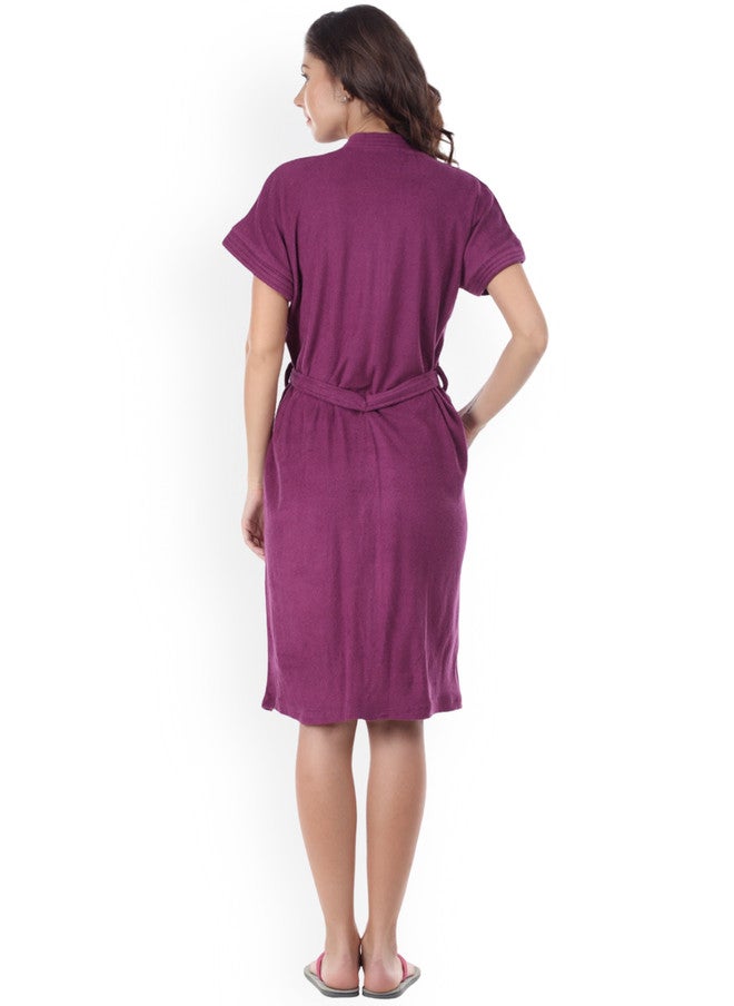 Red Rose RedRose Wine-Purple Solid Cotton Drawstring Knee Length Bath Robe - XL - Image 4
