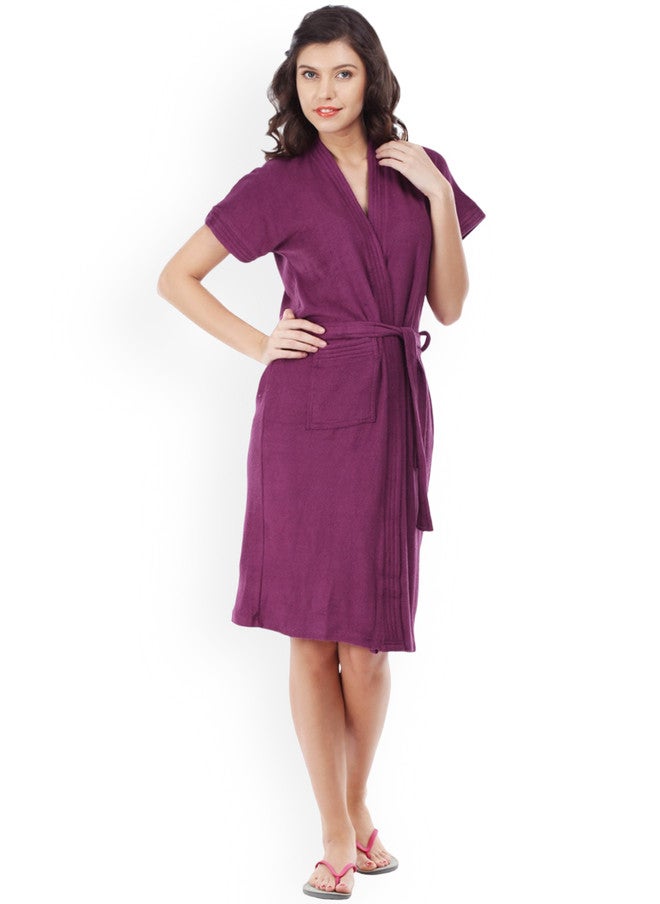 Red Rose RedRose Wine-Purple Solid Cotton Drawstring Knee Length Bath Robe - XL - Image 1