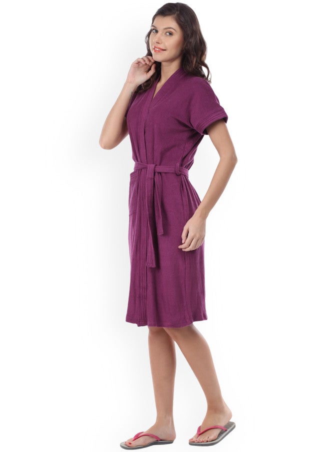 Red Rose RedRose Wine-Purple Solid Cotton Drawstring Knee Length Bath Robe - XL - Image 5