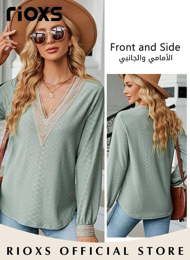RIOXS Women's Lace Stitching Casual Blouses,V-neck Long Sleeve Sweartshirt,Knitted Lace Cuff Solid Color Jacquard Top,Soft Comfortable Pullover Shirt,Dressy Casual Trendy Tops For Work/Office/Vacation/Travel/Basic Daily Wear  - Image 3