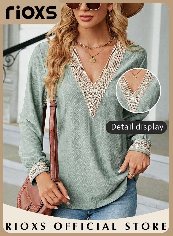 RIOXS Women's Lace Stitching Casual Blouses,V-neck Long Sleeve Sweartshirt,Knitted Lace Cuff Solid Color Jacquard Top,Soft Comfortable Pullover Shirt,Dressy Casual Trendy Tops For Work/Office/Vacation/Travel/Basic Daily Wear  - Image 2