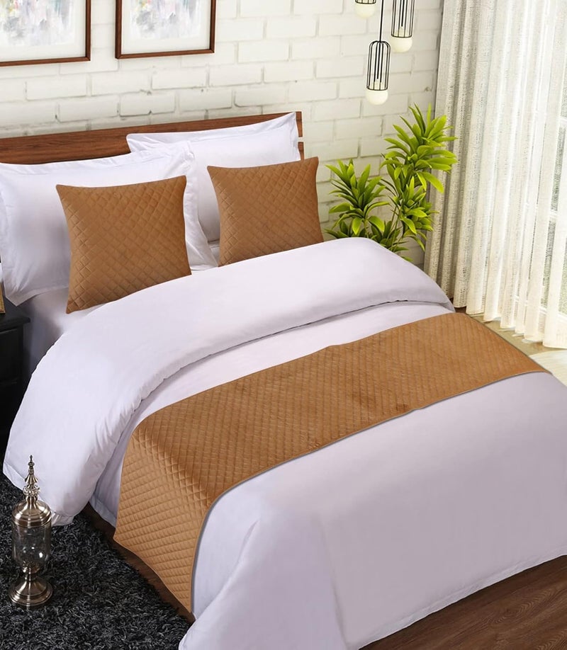 Brown and Velvet Quilted Bed Runner Scarf with 2 Matching Cushion CoversSlipcover Mattress ProtectorBed Linen Scarf for Bedrooms Hotel Rooms Guest Rooms 18 x 96 inch - Image 1