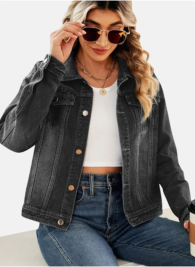 يونيكي Black Collared Long Sleeve Denim Jacket