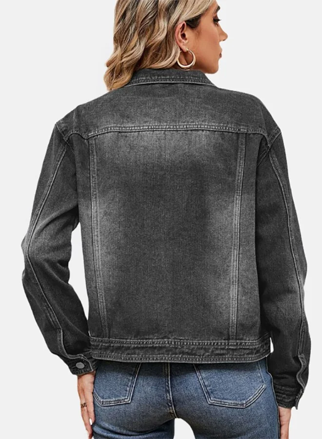 يونيكي Black Collared Long Sleeve Denim Jacket