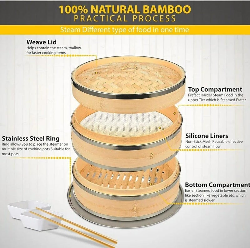 Shoppers Hub PNQ 15cm Wide Bamboo Wood Based Round 2 Layer Dimsum Basket with Lid Steamer Box for Ideal Heavy Duty Use in Hotels, Restaurants and Cafes. (Size: 15cm)  - Image 3