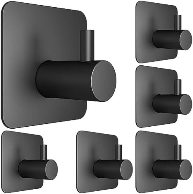 Honmein 6 Pcs Adhesive Wall Hooks for Hanging - Waterproof Shower Hooks, Heavy Duty Towel Hooks for Bathrooms, Kitchens, and Offices (Black) - Image 1