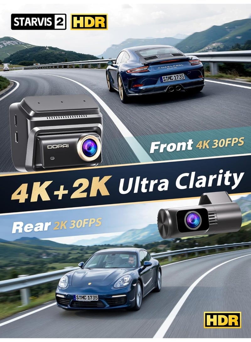 DDPAI 4K + 2K Dash Cam for Cars, STARVIS 2 IMX678 Dual HDR Dashcam, Free 64G eMMC Car Camera Front and Rear, 60FPS, 5G WiFi, GPS, 3" IPS, AI ISP Night Vision, 24H Parking Mode, 4G Available, Z90 Pro - Image 3