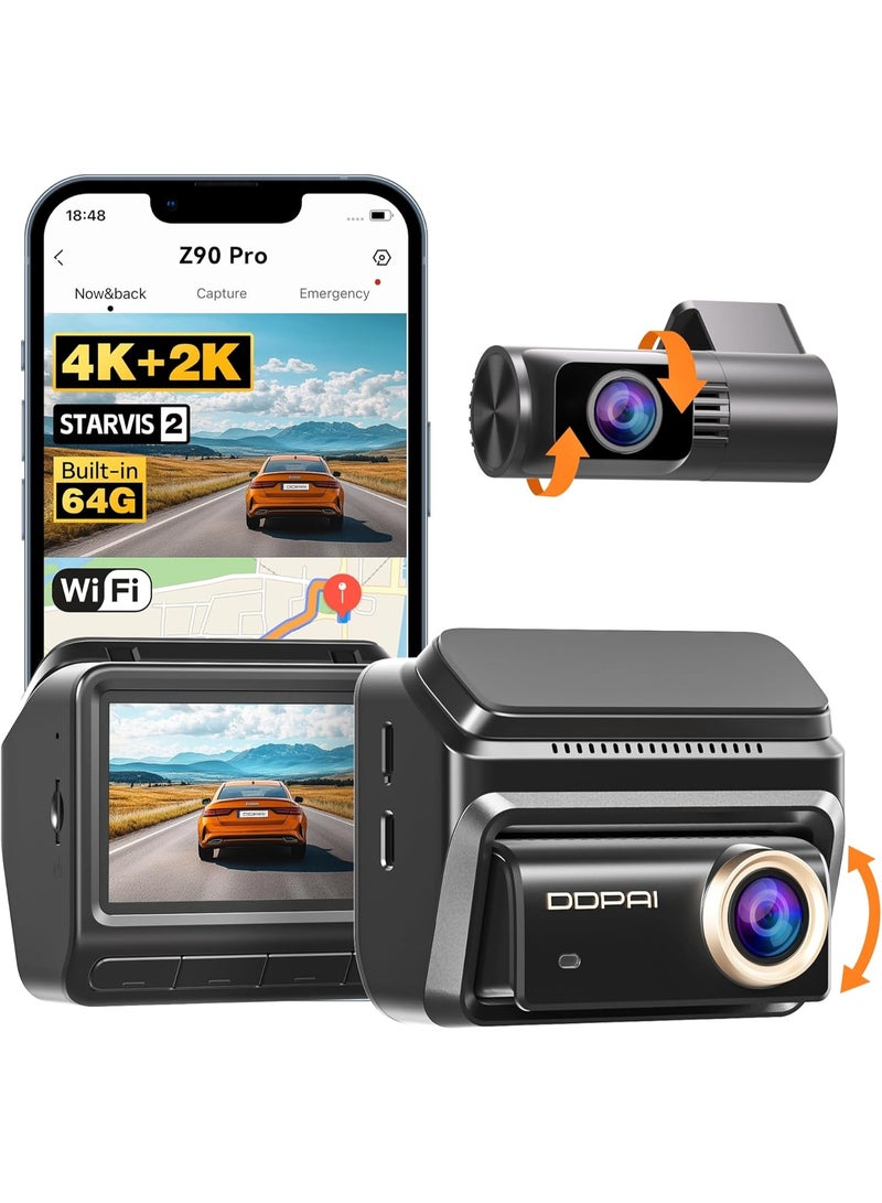 DDPAI 4K + 2K Dash Cam for Cars, STARVIS 2 IMX678 Dual HDR Dashcam, Free 64G eMMC Car Camera Front and Rear, 60FPS, 5G WiFi, GPS, 3" IPS, AI ISP Night Vision, 24H Parking Mode, 4G Available, Z90 Pro - Image 1