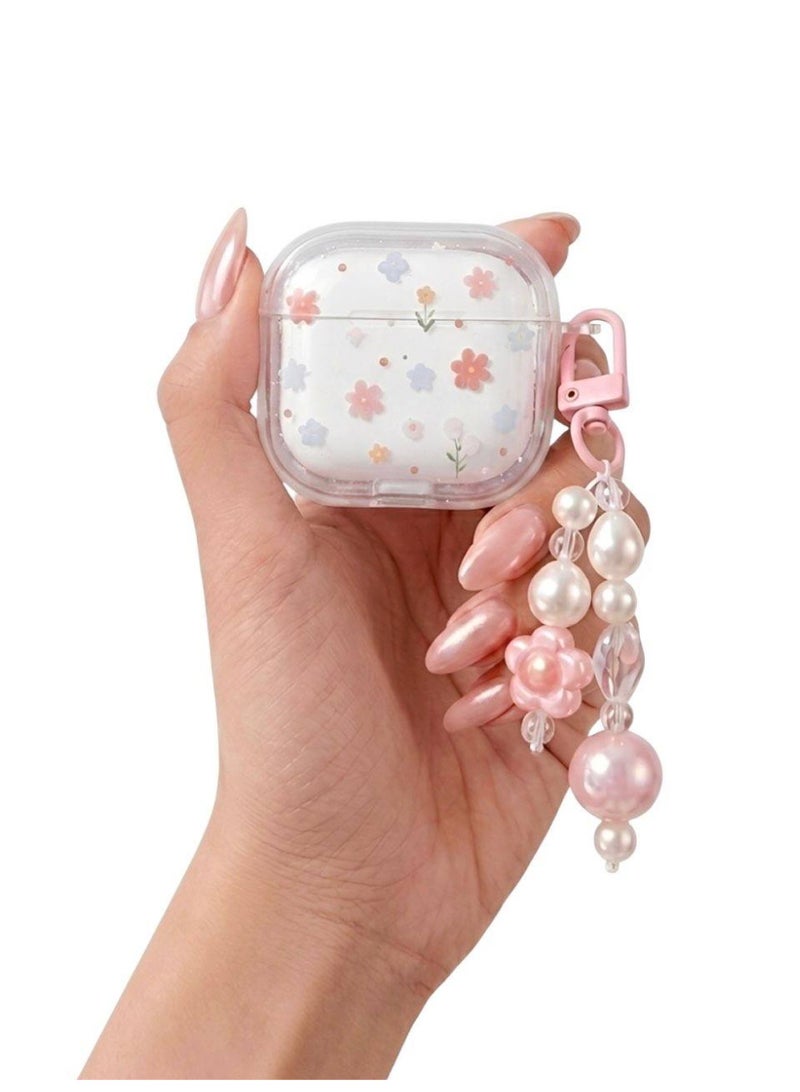 Aura Style Clear Floral Case for AirPods 4 with Beaded Charm Keychain, Shockproof TPU Protective Cover, Transparent/Pink - Image 1