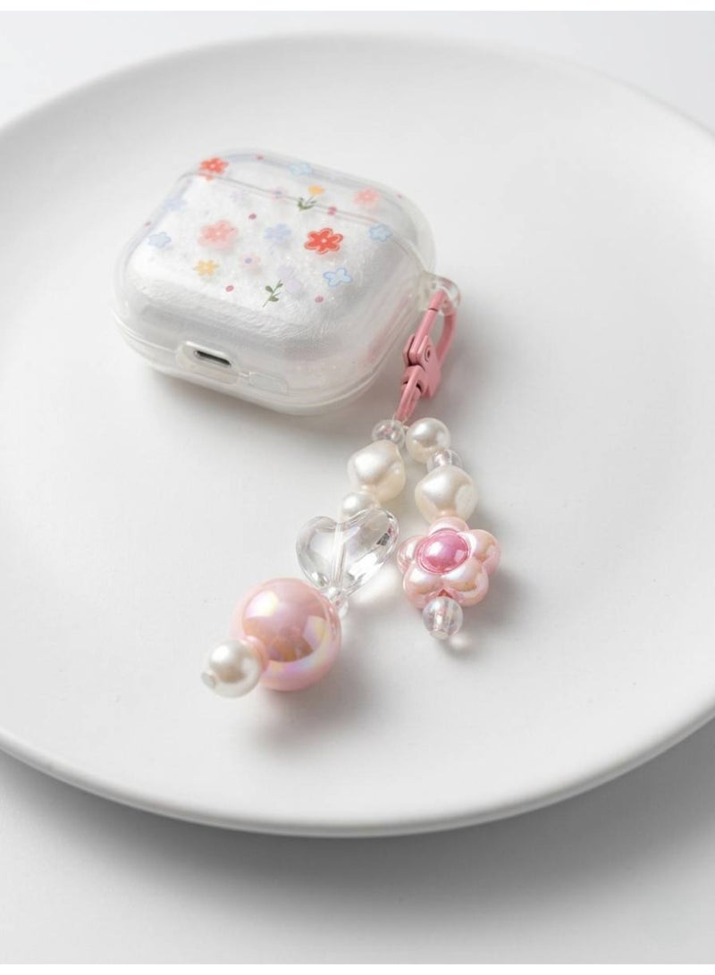 Aura Style Clear Floral Case for AirPods 4 with Beaded Charm Keychain, Shockproof TPU Protective Cover, Transparent/Pink - Image 2