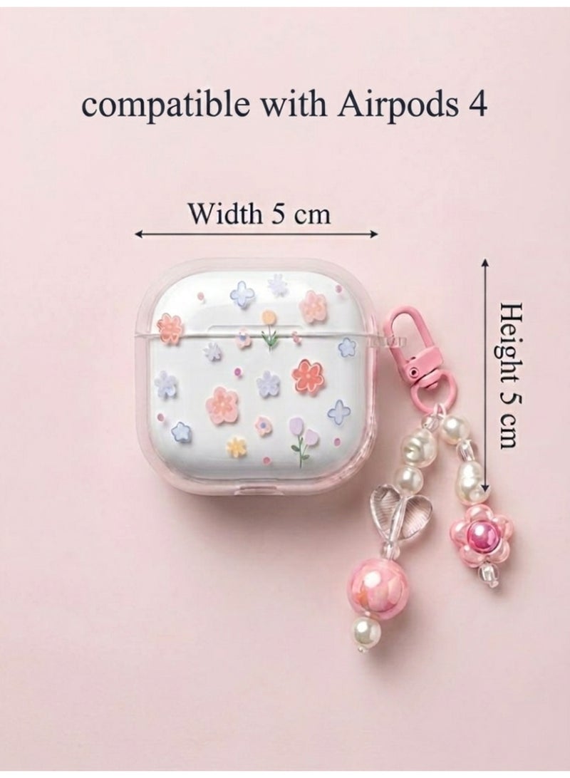 Aura Style Clear Floral Case for AirPods 4 with Beaded Charm Keychain, Shockproof TPU Protective Cover, Transparent/Pink - Image 3