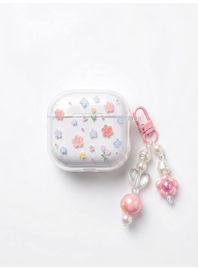 Aura Style Clear Floral Case for AirPods 4 with Beaded Charm Keychain, Shockproof TPU Protective Cover, Transparent/Pink - Image 4