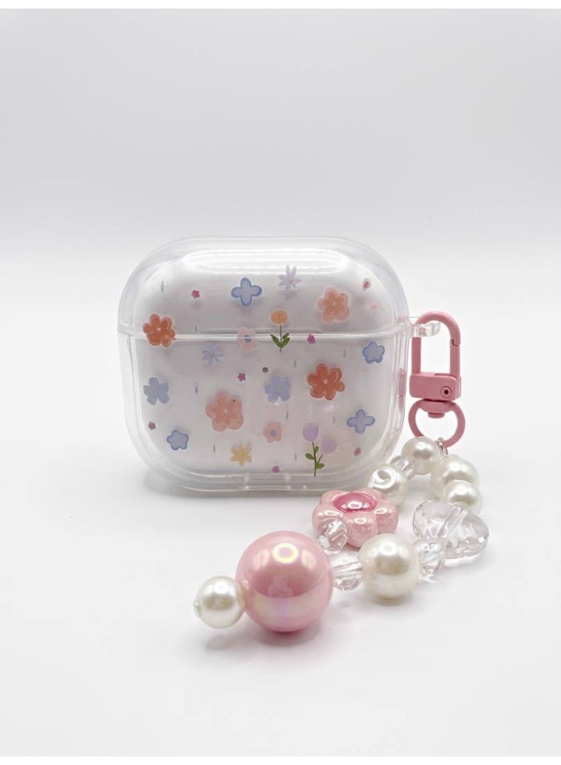 Aura Style Clear Floral Case for AirPods 4 with Beaded Charm Keychain, Shockproof TPU Protective Cover, Transparent/Pink - Image 5