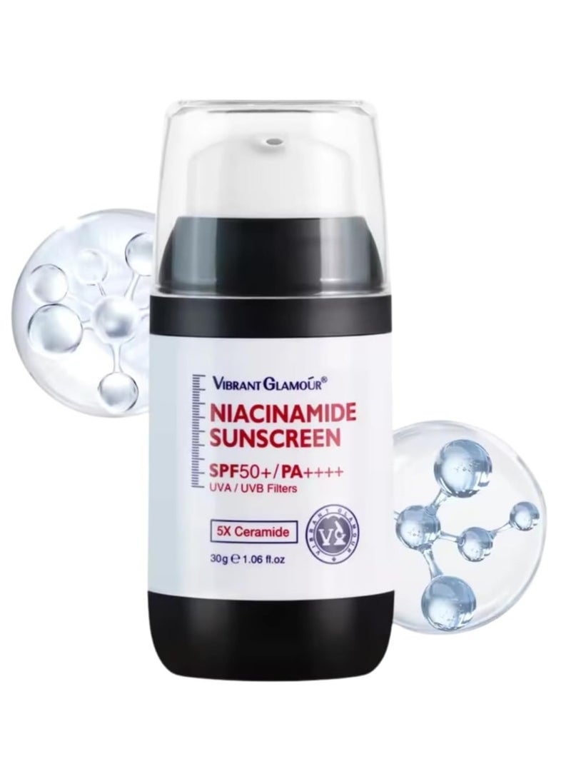 Vibrant Glamour Niacinamide Sunscreen SPF 50+ PA++++ with 5X Ceramide UVA UVB Plus Filters Hyaluronic Acid Primer Sunscreen Cream for Repair Skin Barrier Refreshing & Sun protection for Women & Men 30g - Image 1