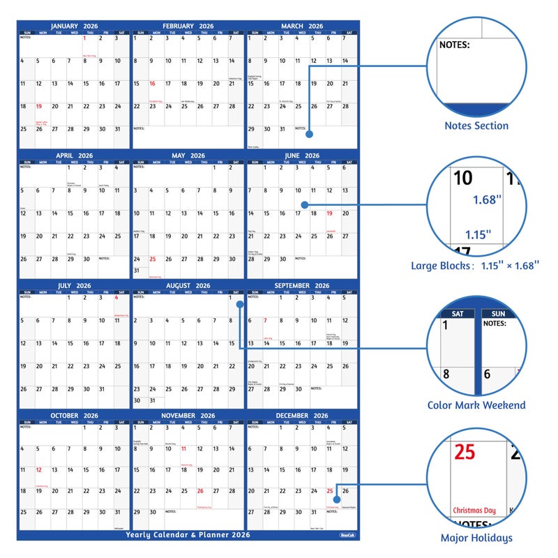 BowCuk 2026 Yearly Wall Calendar - Large Yearly Calendar 2026, Jan 2026 - Dec 2026, 25.2" x 38.2" (Open), 2026 Calendar, Large Wall Calendar 2026, Full Year Paper with Notes, Thicker Paper - Blue - Image 3