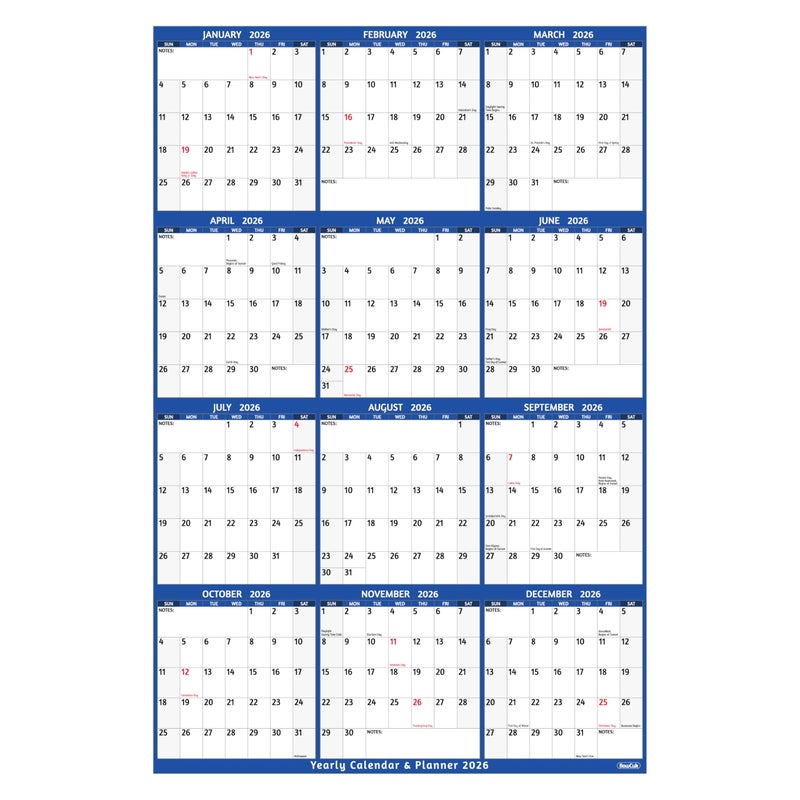 BowCuk 2026 Yearly Wall Calendar - Large Yearly Calendar 2026, Jan 2026 - Dec 2026, 25.2" x 38.2" (Open), 2026 Calendar, Large Wall Calendar 2026, Full Year Paper with Notes, Thicker Paper - Blue - Image 1