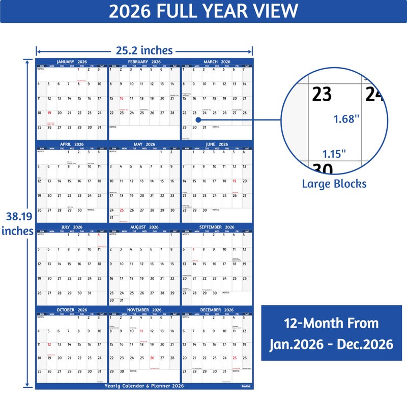 BowCuk 2026 Yearly Wall Calendar - Large Yearly Calendar 2026, Jan 2026 - Dec 2026, 25.2" x 38.2" (Open), 2026 Calendar, Large Wall Calendar 2026, Full Year Paper with Notes, Thicker Paper - Blue - Image 4