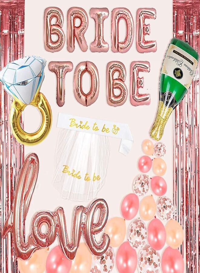 Secret Bachelorette Party Decorations Kit Rose Gold Bride to Be Balloons Bridal Shower Supplies,Bride to Be Sash,Veil,Champagne Bottle/Ring Balloon,Rose Gold Confetti Balloons Love Balloon Curtains Backdrop