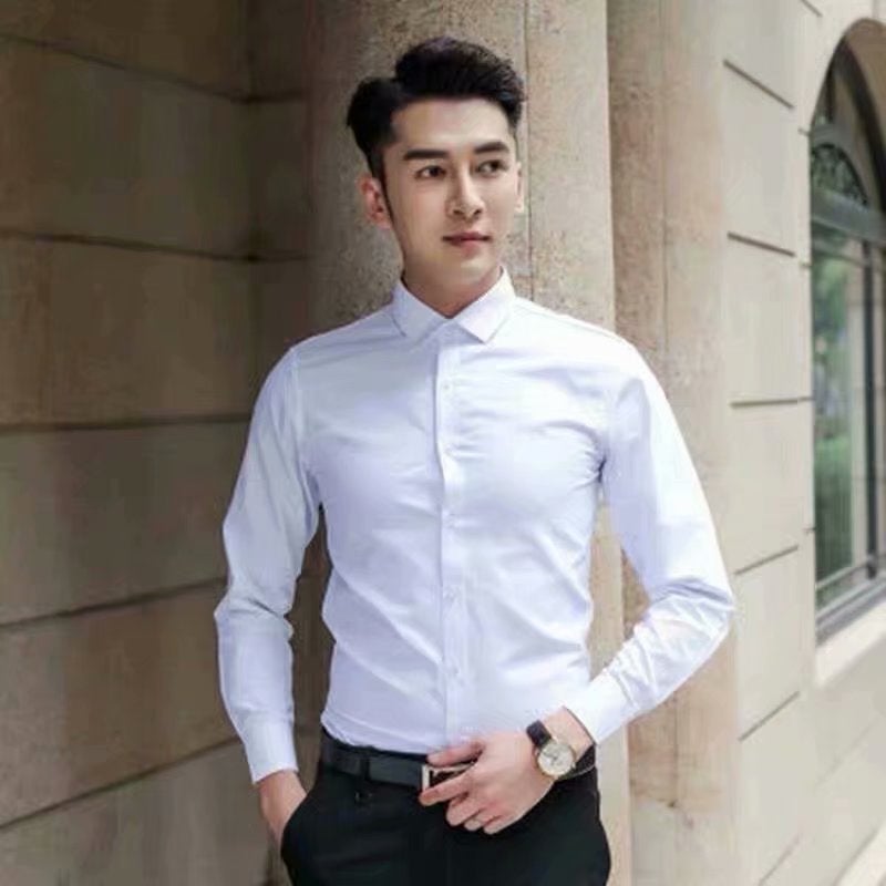 Spring and Autum Long-Sleeved White Shirt Mens Korean Style Slim Shirt Professional Inch Shirt Business Formal Work Clothes Wedding Dress White