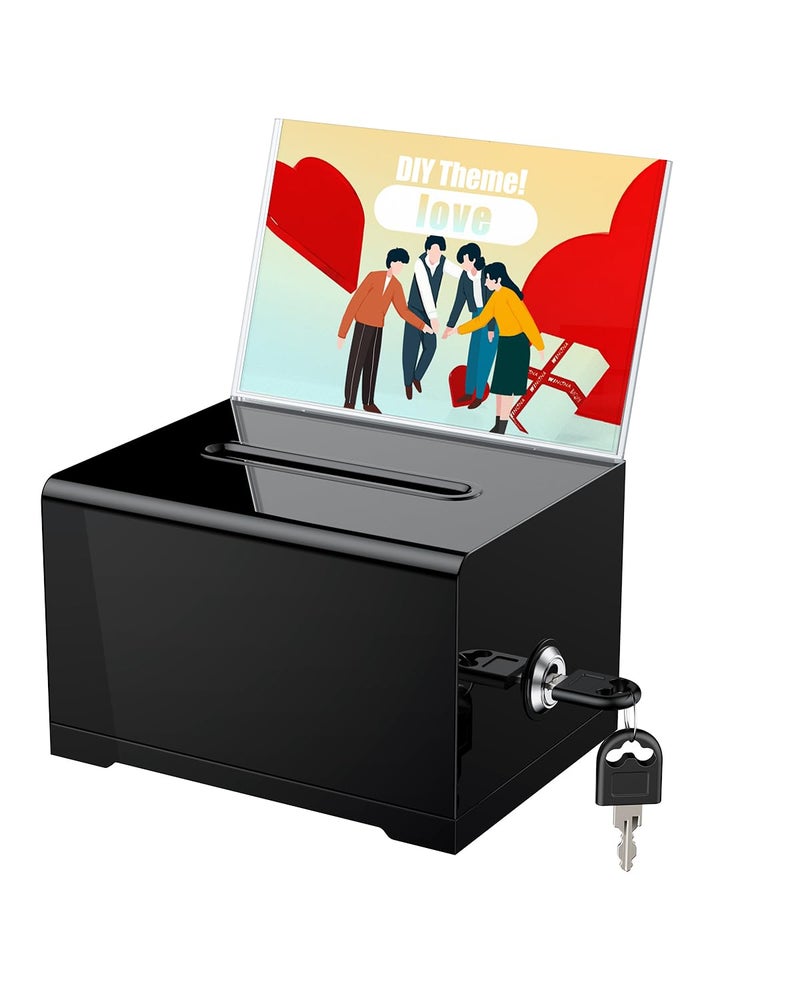 Uniclife Black Acrylic Donation Box for Fundraising 6.2" x 4.7" x 4" Suggestion Box with Slot and Lock Plastic Ballot Boxes with Sign Holder Storage Container for Voting Charity Tip Collection - Image 1