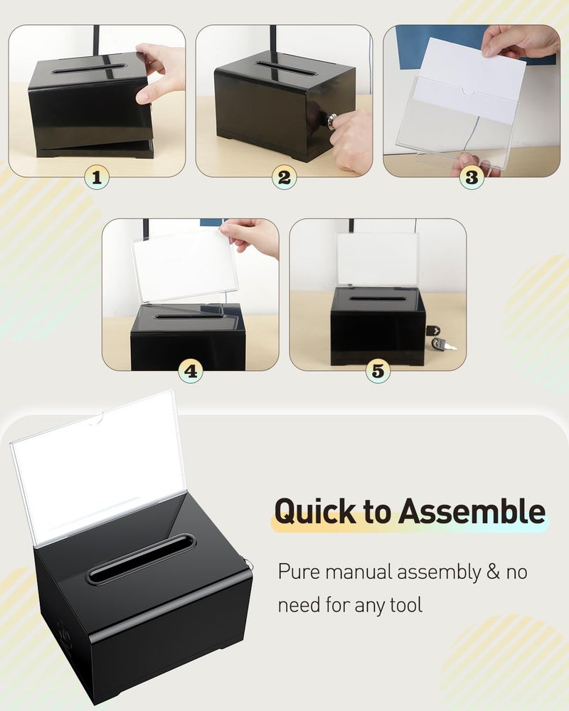 Uniclife Black Acrylic Donation Box for Fundraising 6.2" x 4.7" x 4" Suggestion Box with Slot and Lock Plastic Ballot Boxes with Sign Holder Storage Container for Voting Charity Tip Collection - Image 5