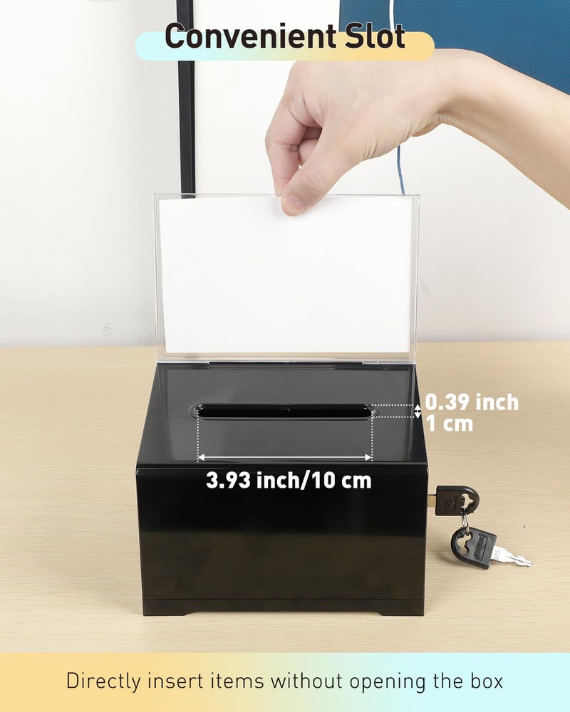 Uniclife Black Acrylic Donation Box for Fundraising 6.2" x 4.7" x 4" Suggestion Box with Slot and Lock Plastic Ballot Boxes with Sign Holder Storage Container for Voting Charity Tip Collection - Image 3
