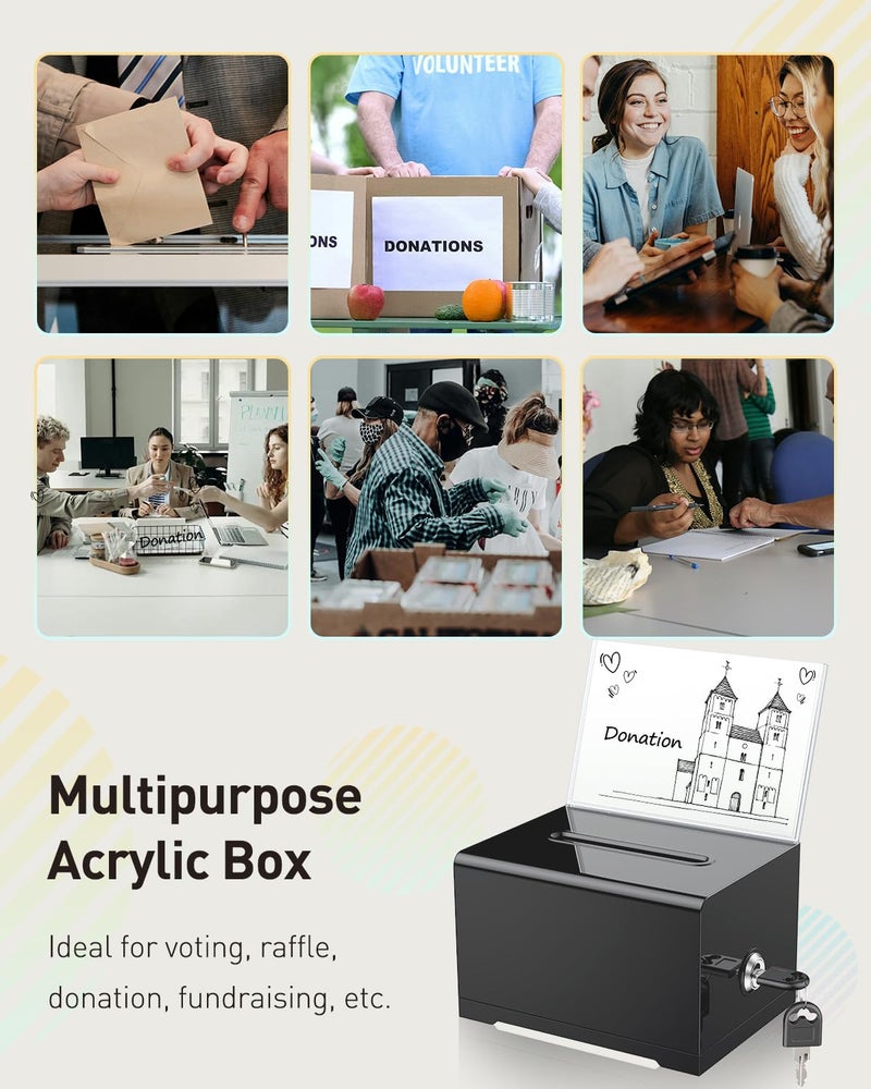 Uniclife Black Acrylic Donation Box for Fundraising 6.2" x 4.7" x 4" Suggestion Box with Slot and Lock Plastic Ballot Boxes with Sign Holder Storage Container for Voting Charity Tip Collection - Image 2