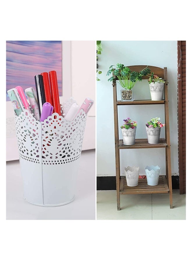 دلو حديدي مزخرف بالأزهار SYOSI، لتخزين مستحضرات التجميل، القرطاسية، لزراعة الأزهار، 3 مجموعات، أبيض - Image 3