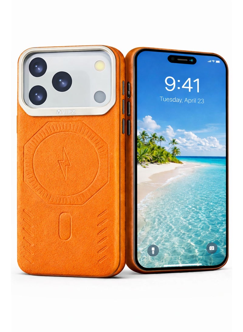 VR CREATIVE Premium Leather MagSafe Compatible Case for iPhone 17 Pro Max - Magnetic Wireless Charging Cover, Shock Absorbent, Raised Camera Protection – Orange - Image 1