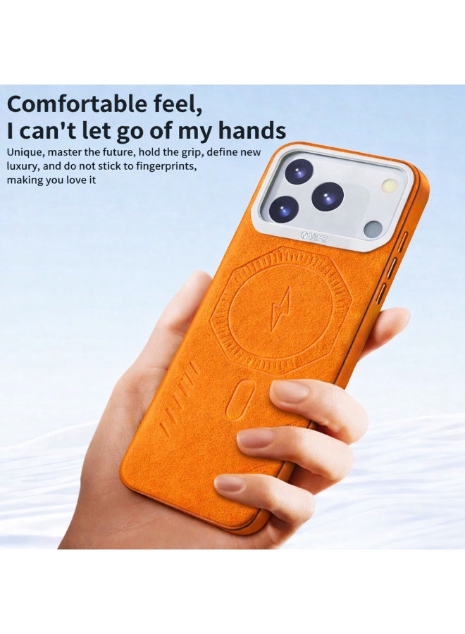 VR CREATIVE Premium Leather MagSafe Compatible Case for iPhone 17 Pro Max - Magnetic Wireless Charging Cover, Shock Absorbent, Raised Camera Protection – Orange - Image 4