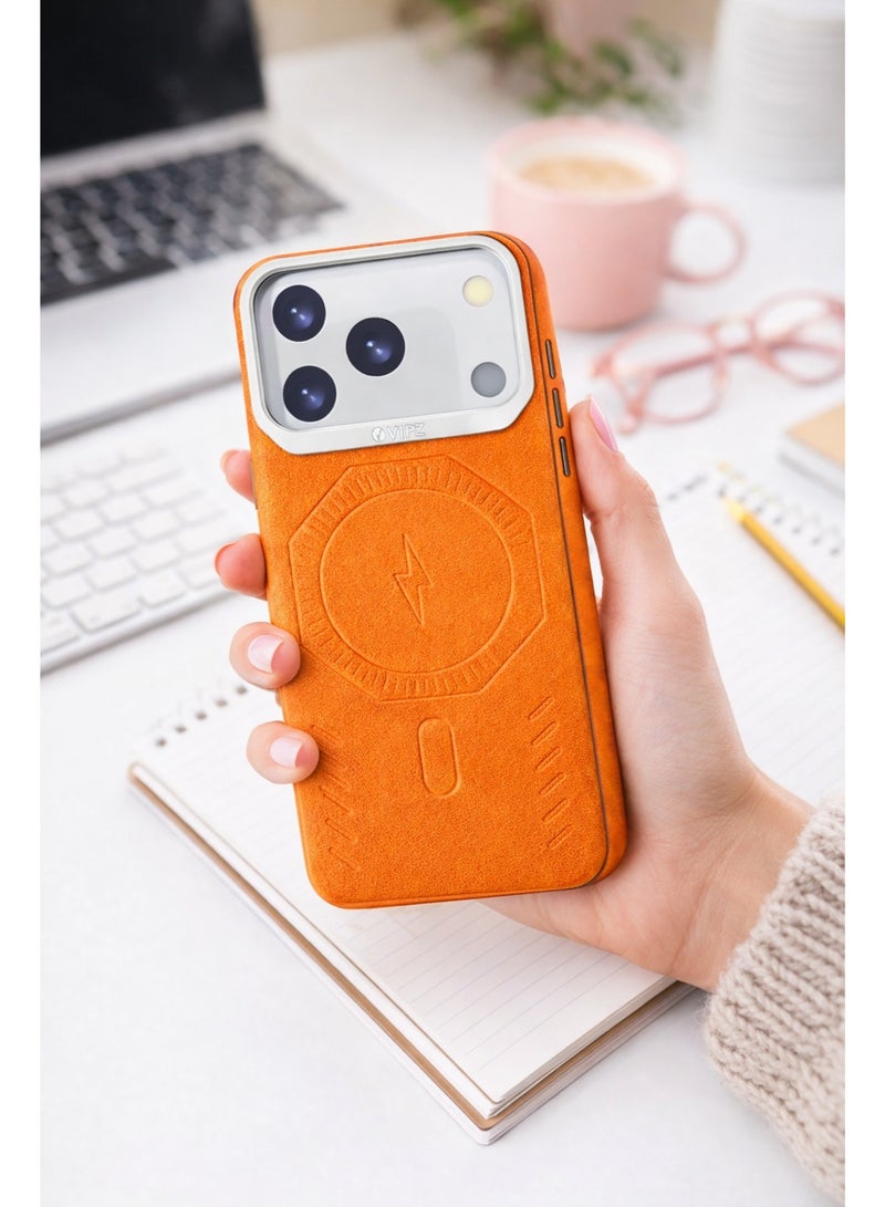 VR CREATIVE Premium Leather MagSafe Compatible Case for iPhone 17 Pro Max - Magnetic Wireless Charging Cover, Shock Absorbent, Raised Camera Protection – Orange - Image 3