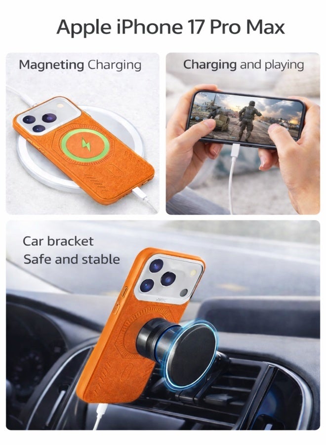 VR CREATIVE Premium Leather MagSafe Compatible Case for iPhone 17 Pro Max - Magnetic Wireless Charging Cover, Shock Absorbent, Raised Camera Protection – Orange - Image 5