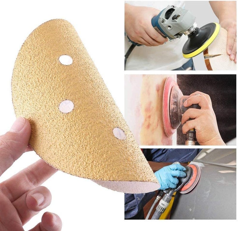 اتول مارت Utoolmart 6 بوصة 17 ثقبًا أقراص سنفرة ذات خطاف وحلقة 120 حبيبة ورق صنفرة أكسيد الألومنيوم لسنفرة المدار العشوائي للخشب والمعادن وتلميع السيارات الرطب والجاف ذهبي 10 قطع - Image 4