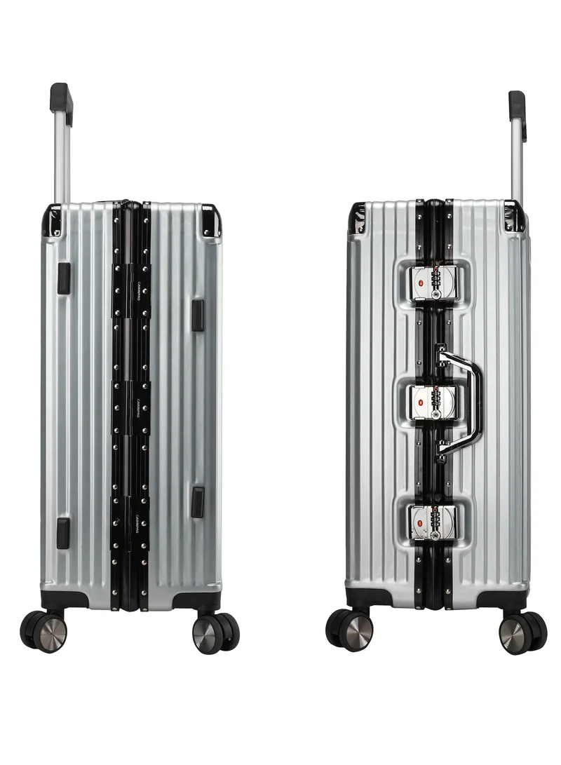 CABINPRO Lightweight Aluminum Frame Fashion Luggage Trolley Polycarbonate Hard Case Large Checked Luggage Suitcase with 4 Quite 360 Degree Double Spinner Wheels CP001 Silver
