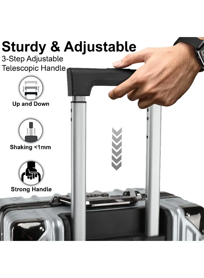 CABINPRO Lightweight Aluminum Frame Fashion Luggage Trolley Polycarbonate Hard Case Large Checked Luggage Suitcase with 4 Quite 360 Degree Double Spinner Wheels CP001 Silver