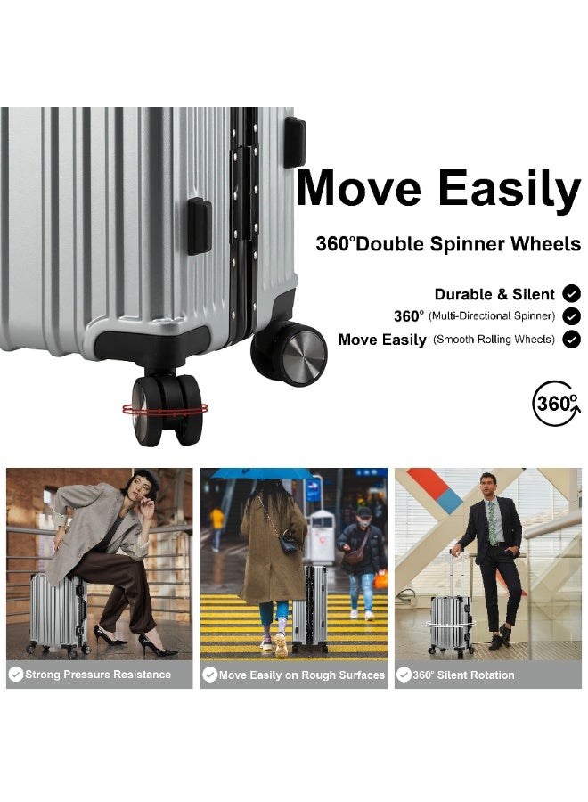 CABINPRO Lightweight Aluminum Frame Fashion Luggage Trolley Polycarbonate Hard Case Large Checked Luggage Suitcase with 4 Quite 360 Degree Double Spinner Wheels CP001 Silver - Image 5