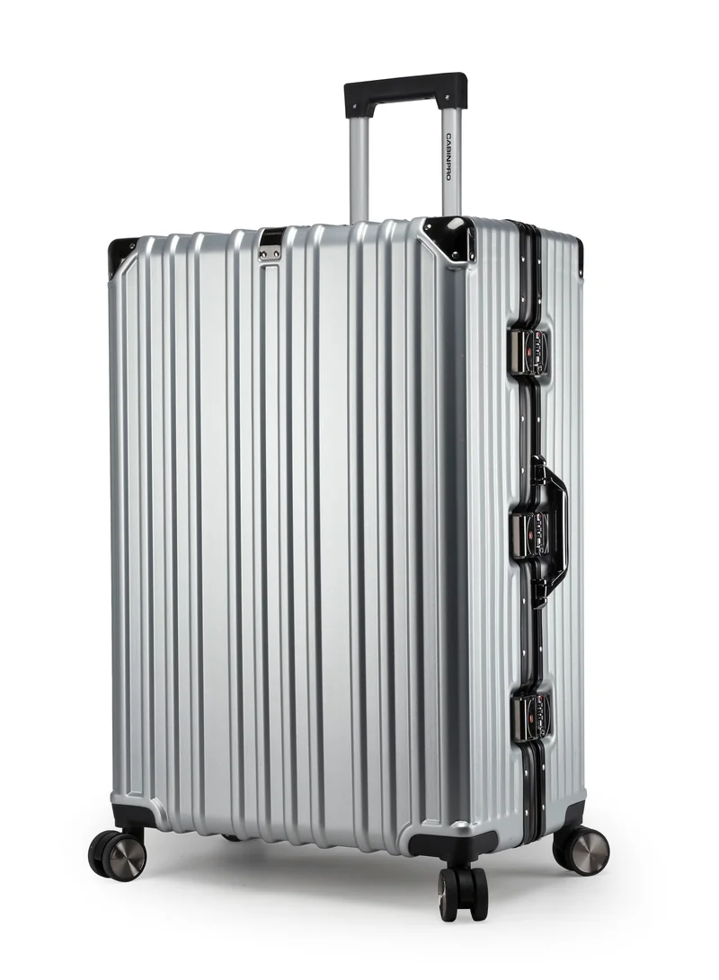 CABINPRO Lightweight Aluminum Frame Fashion Luggage Trolley Polycarbonate Hard Case Large Checked Luggage Suitcase with 4 Quite 360 Degree Double Spinner Wheels CP001 Silver