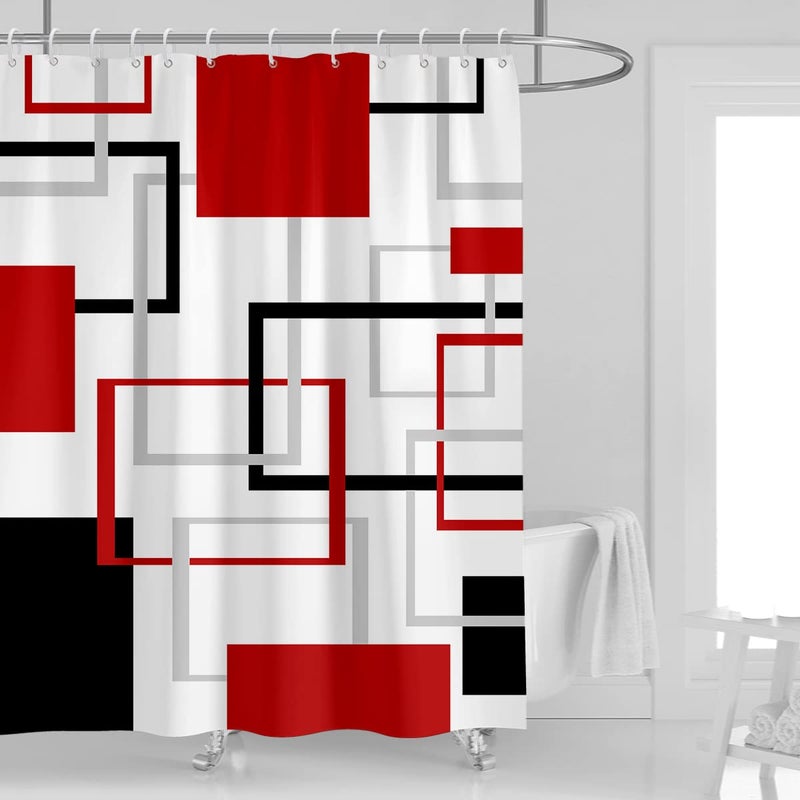 Kikiry Red Black Shower Curtain 60W x 72L Abstract White Grey Gray Geometric Cross Checkered Modern Geometry Minimalist Neutral Design Polyester Waterproof 12 Pack Plastic Hooks