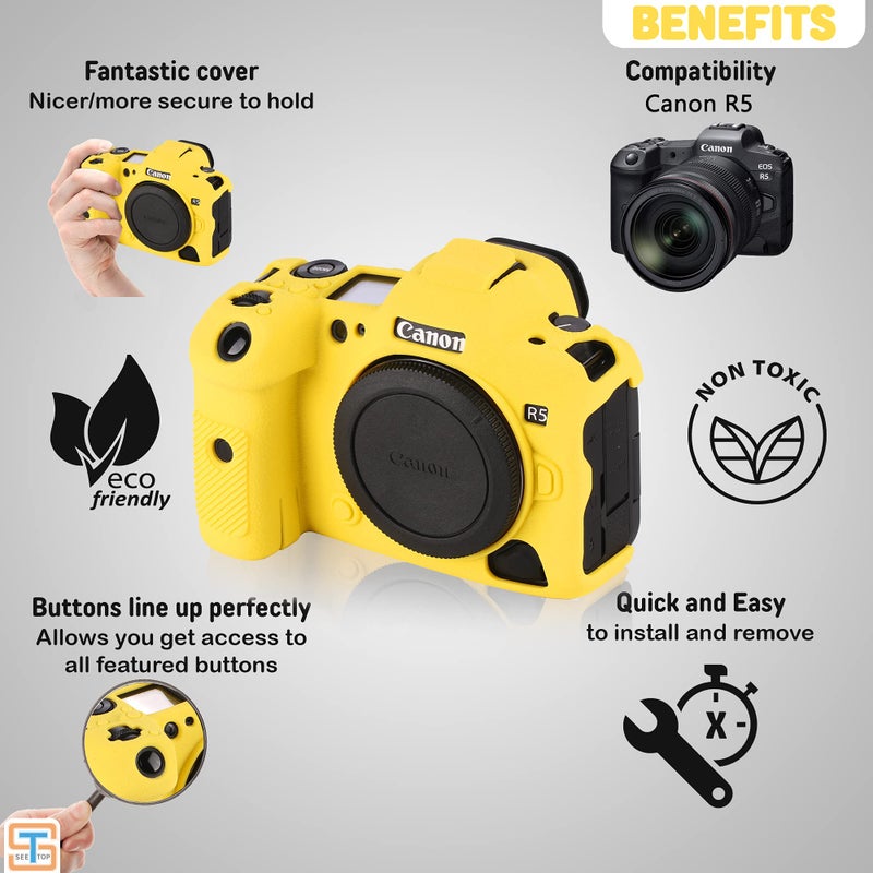 STSEETOP Camera Case for Canon R5 - Silicone Protective DSLR Skin Cover, Detachable Cage, Shockproof, Dustproof (Yellow) - Image 3