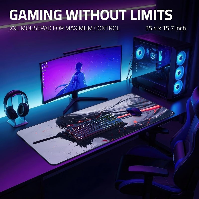 RISOKA XXL Gaming Mousepad 900x400 - Water-resistant & stitched edges - Large anime desk mat for office & setup - Keyboard and mouse pad for gaming PC - Non-slip mousemat - Image 3