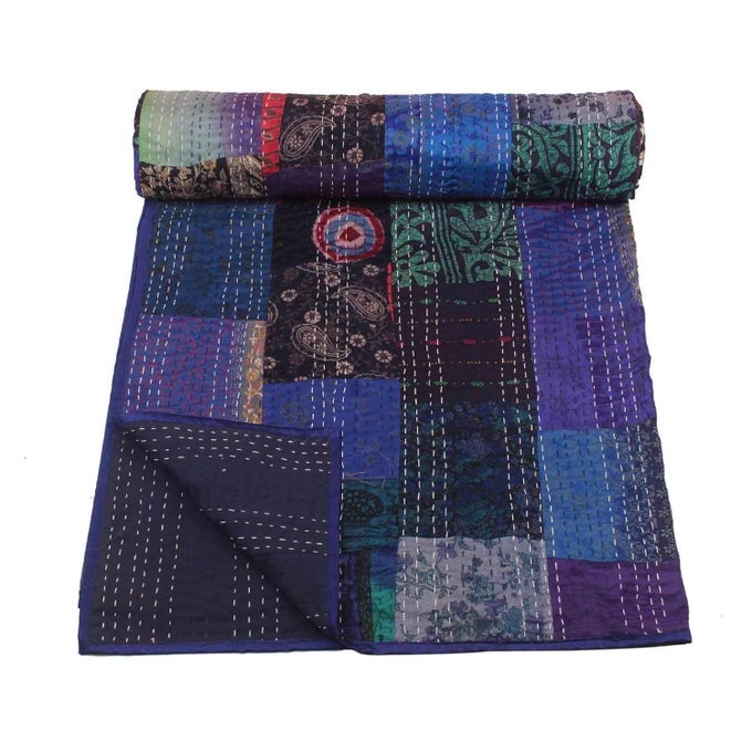 HANDICRAFT SILK KANTHA QUILT KANTHA BED COVER HANDMADE KANTHA BEDSPREAD KANTHA BLANKET THROW010 QUEEN 90X108 INCHES DOUBLE BED