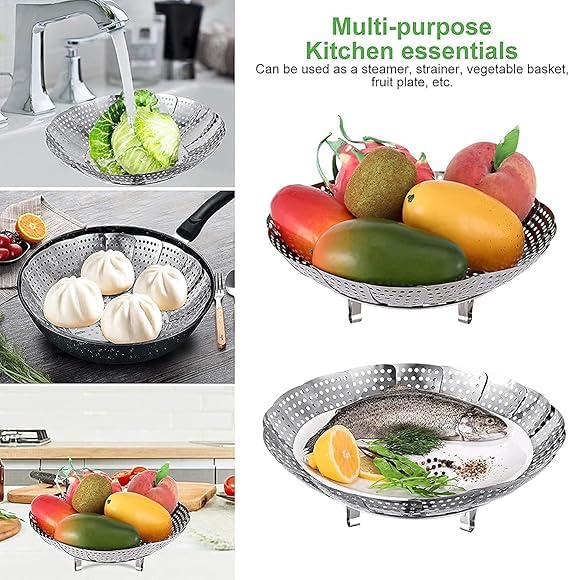 FAGVA Vegetable Steamer Basket Premium Stainless Steel Veggie collapsible Folding Momos Steamer Basket Kitchen Essential Foldable Vegetable Steamer for Cooking to Fit Various Size Pot - Image 2